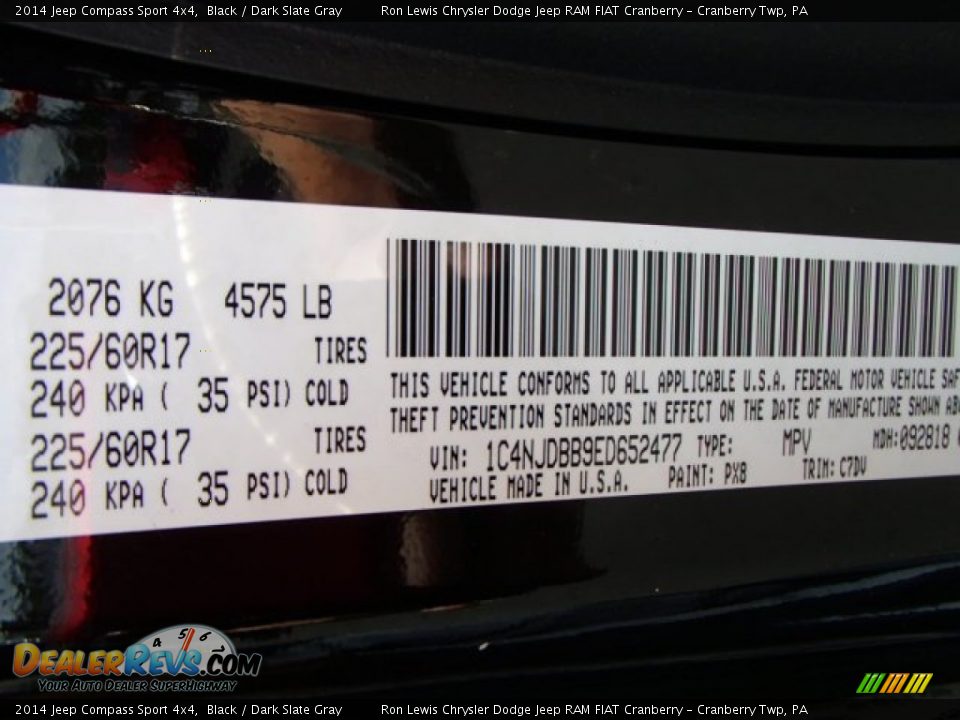 2014 Jeep Compass Sport 4x4 Black / Dark Slate Gray Photo #20