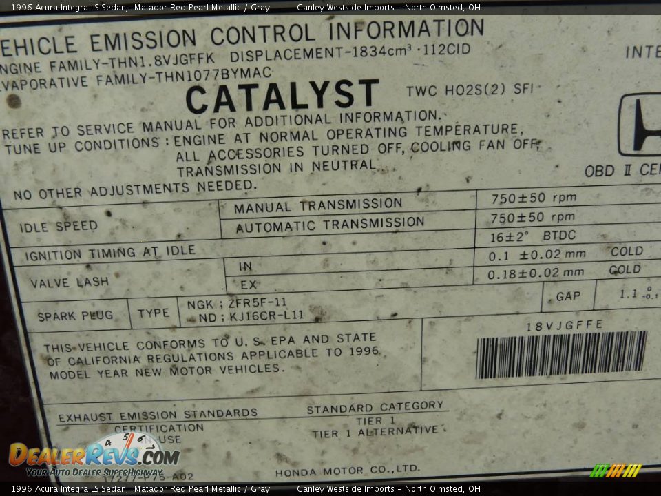 1996 Acura Integra LS Sedan Matador Red Pearl Metallic / Gray Photo #23