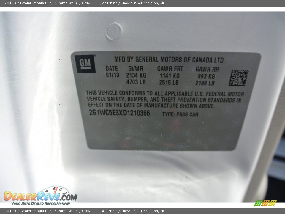 2013 Chevrolet Impala LTZ Summit White / Gray Photo #7