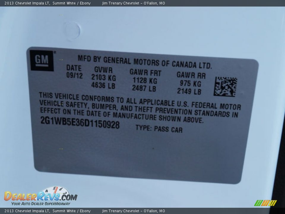 2013 Chevrolet Impala LT Summit White / Ebony Photo #17