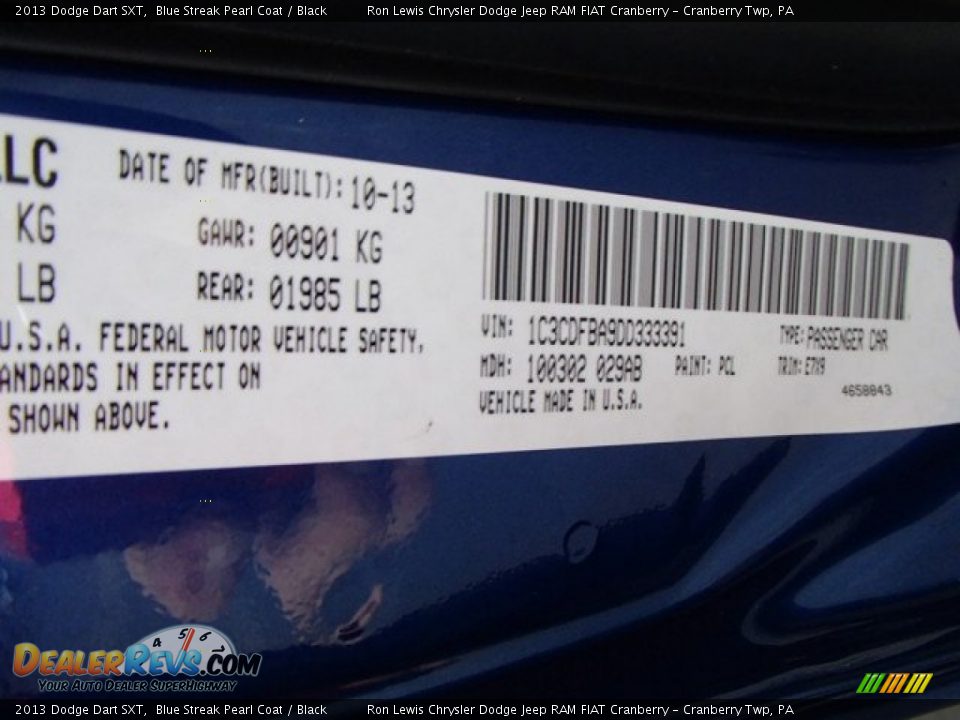 2013 Dodge Dart SXT Blue Streak Pearl Coat / Black Photo #20