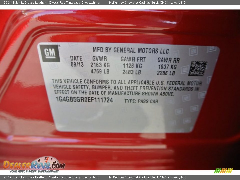 Info Tag of 2014 Buick LaCrosse Leather Photo #7