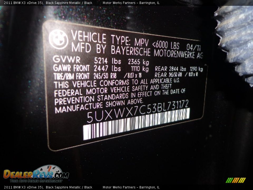 2011 BMW X3 xDrive 35i Black Sapphire Metallic / Black Photo #16