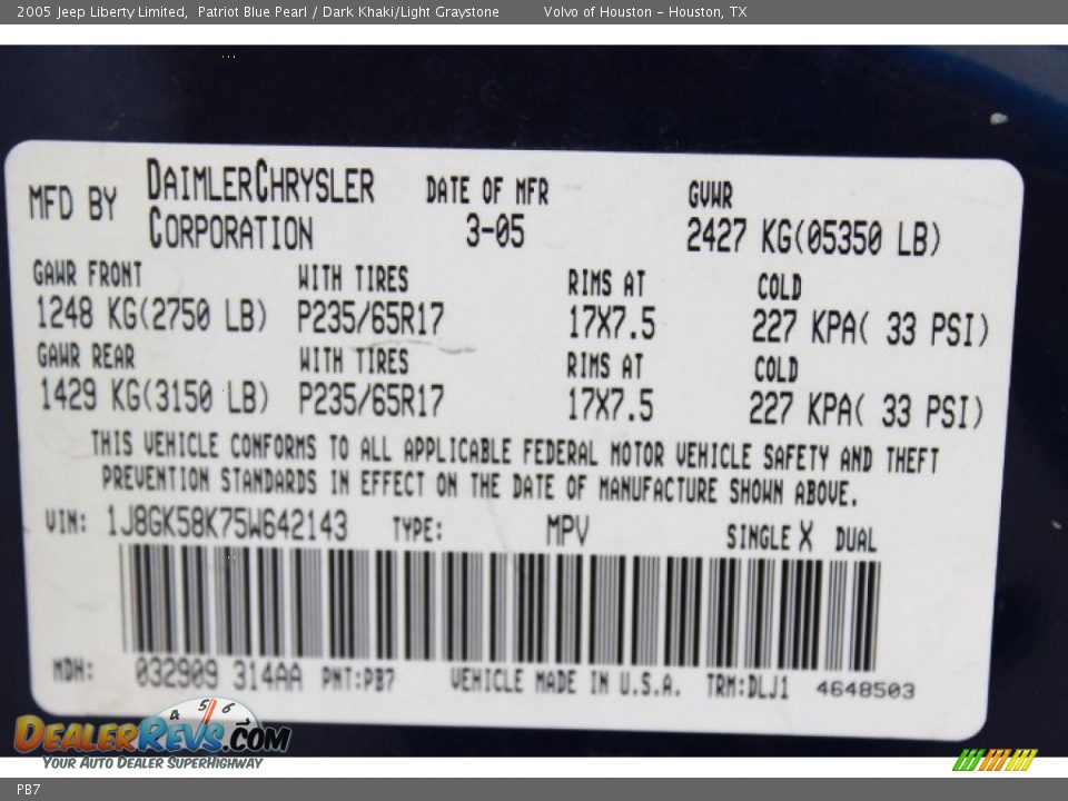 Jeep Color Code PB7 Patriot Blue Pearl