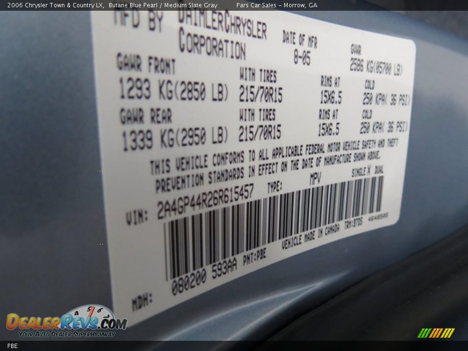 Chrysler Color Code PBE Butane Blue Pearl