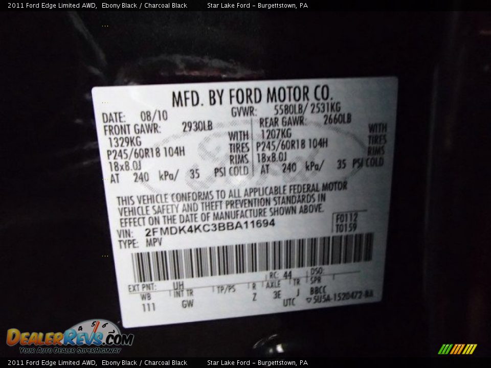 2011 Ford Edge Limited AWD Ebony Black / Charcoal Black Photo #15