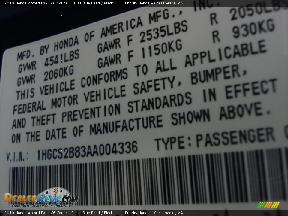 2010 Honda Accord EX-L V6 Coupe Belize Blue Pearl / Black Photo #25