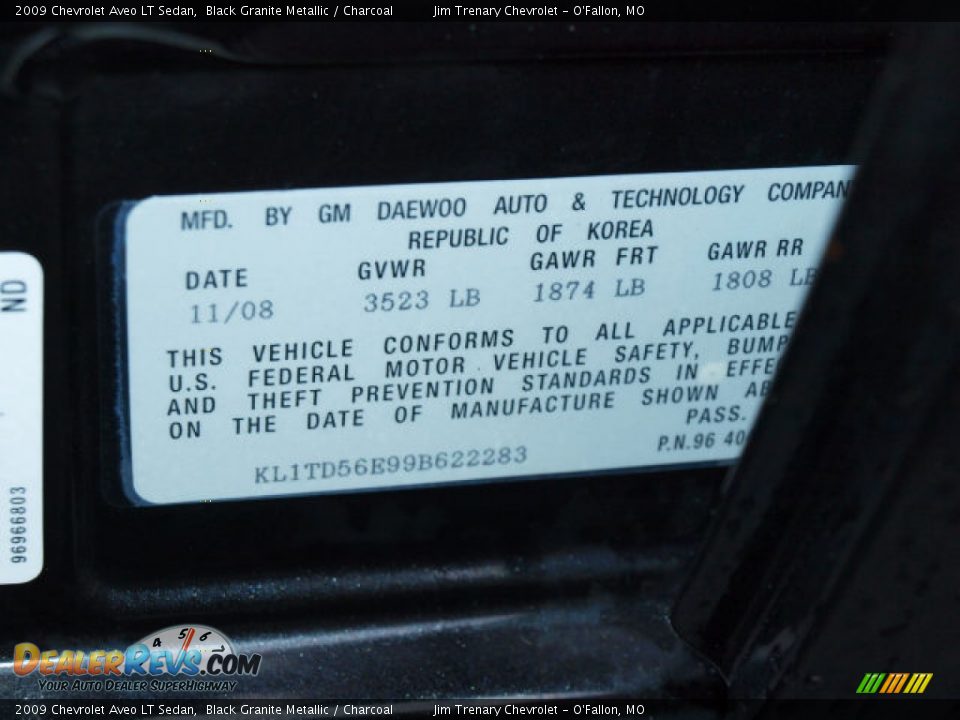 2009 Chevrolet Aveo LT Sedan Black Granite Metallic / Charcoal Photo #17