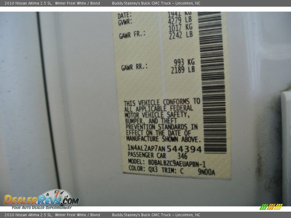 2010 Nissan Altima 2.5 SL Winter Frost White / Blond Photo #7