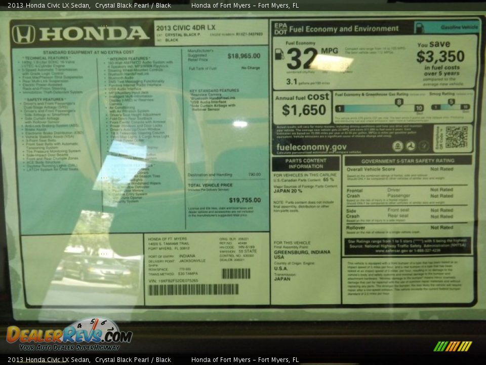 2013 Honda Civic LX Sedan Crystal Black Pearl / Black Photo #9