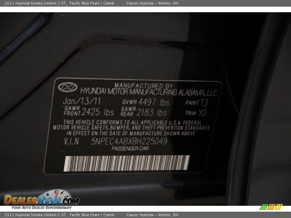 2011 Hyundai Sonata Limited 2.0T Pacific Blue Pearl / Camel Photo #21