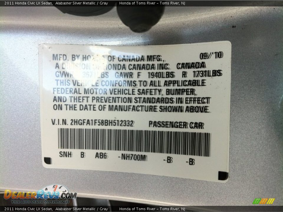 2011 Honda Civic LX Sedan Alabaster Silver Metallic / Gray Photo #11