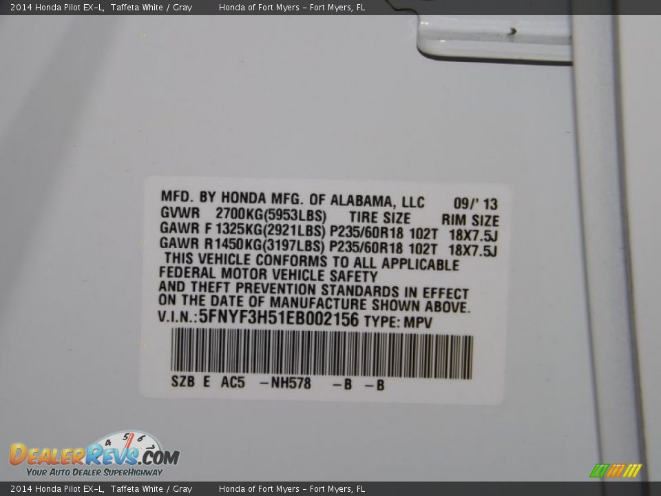 2014 Honda Pilot EX-L Taffeta White / Gray Photo #35