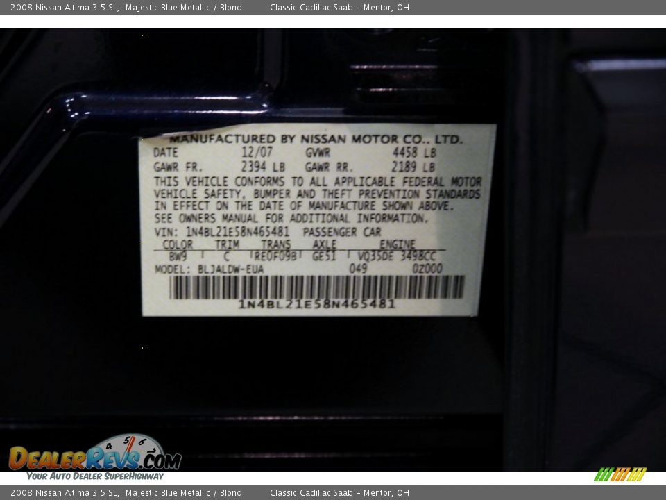 2008 Nissan Altima 3.5 SL Majestic Blue Metallic / Blond Photo #23