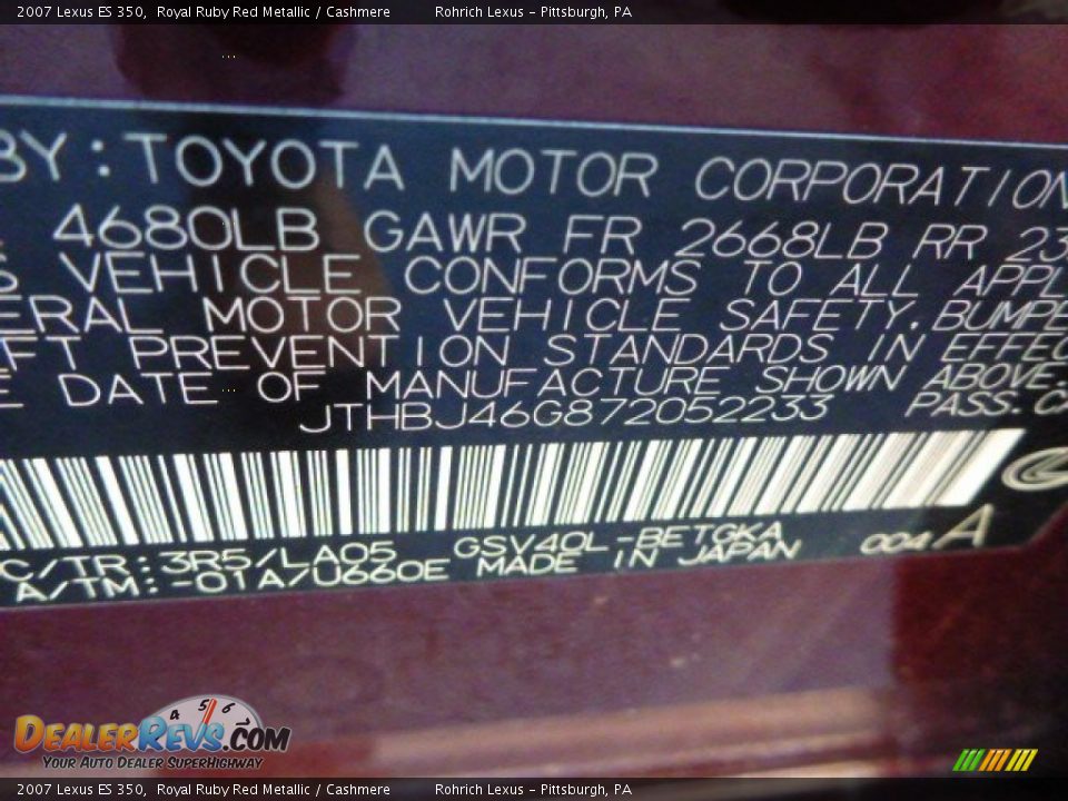 2007 Lexus ES 350 Royal Ruby Red Metallic / Cashmere Photo #20