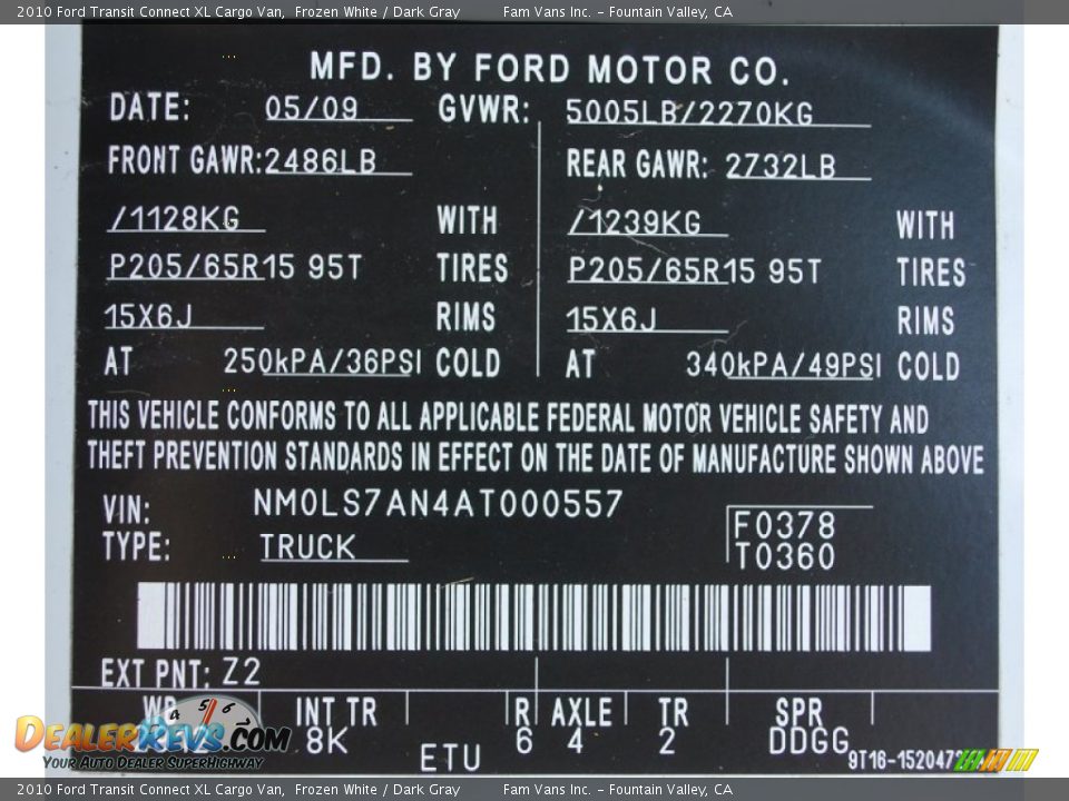 2010 Ford Transit Connect XL Cargo Van Frozen White / Dark Gray Photo #19