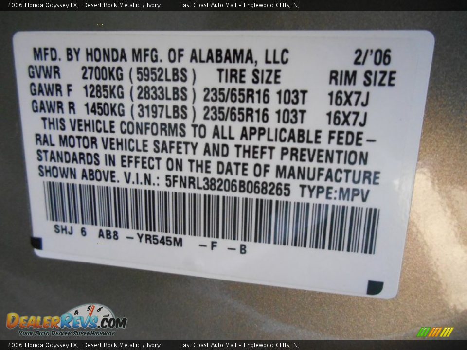 2006 Honda Odyssey LX Desert Rock Metallic / Ivory Photo #16