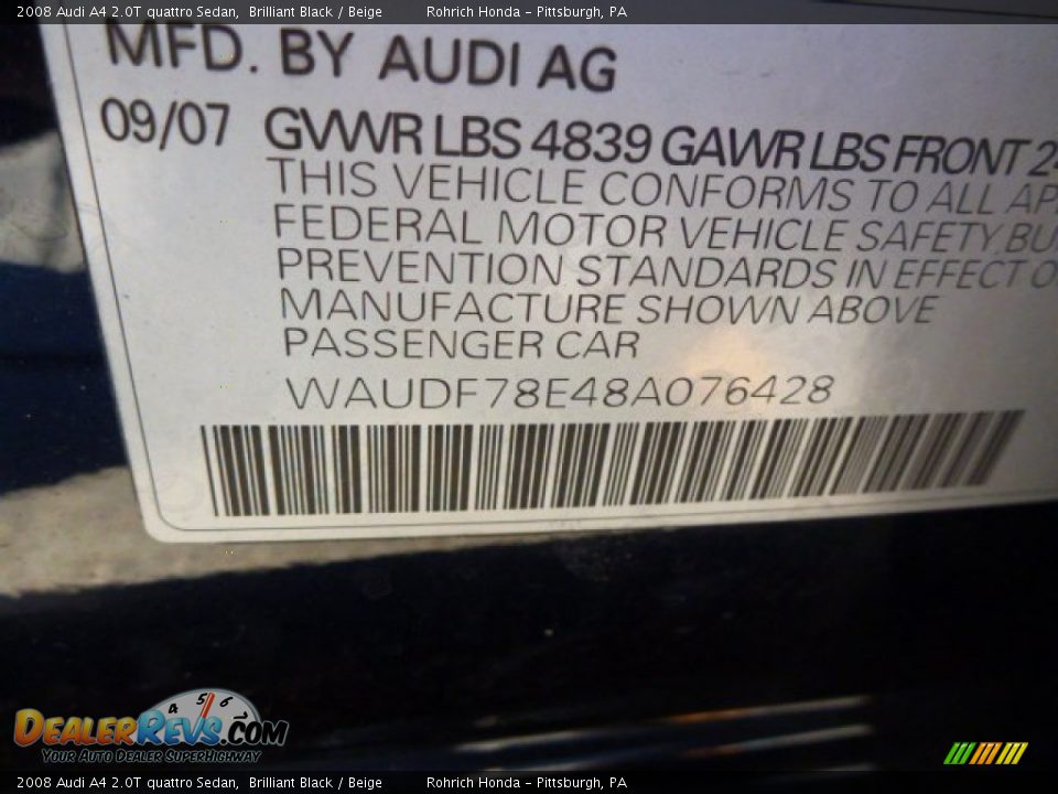 2008 Audi A4 2.0T quattro Sedan Brilliant Black / Beige Photo #16