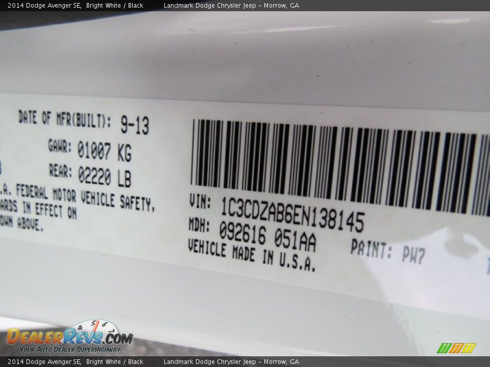 2014 Dodge Avenger SE Bright White / Black Photo #10