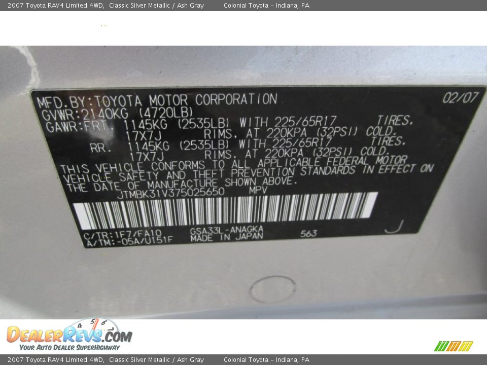 2007 Toyota RAV4 Limited 4WD Classic Silver Metallic / Ash Gray Photo #20