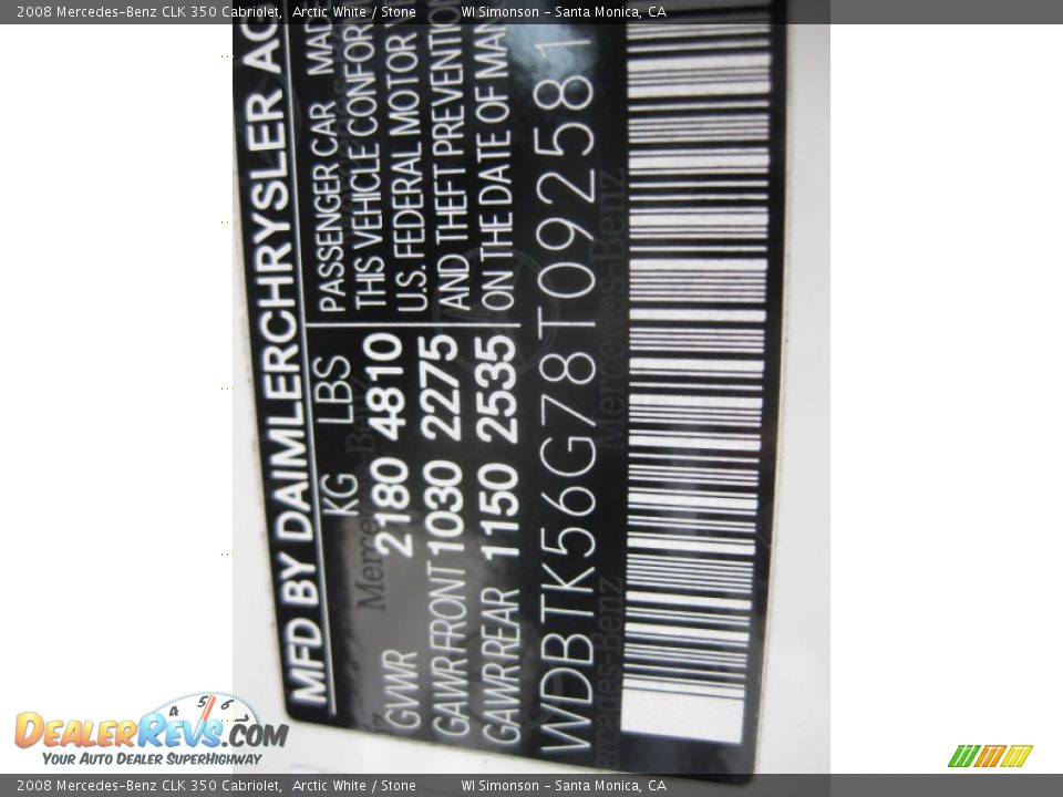 Info Tag of 2008 Mercedes-Benz CLK 350 Cabriolet Photo #25