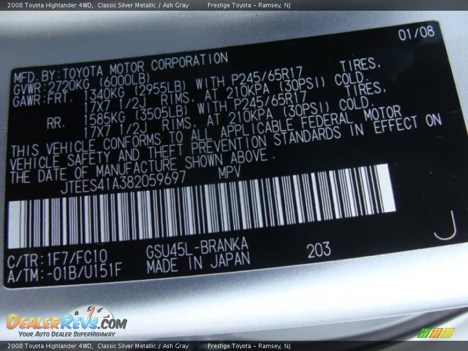 2008 Toyota Highlander 4WD Classic Silver Metallic / Ash Gray Photo #15