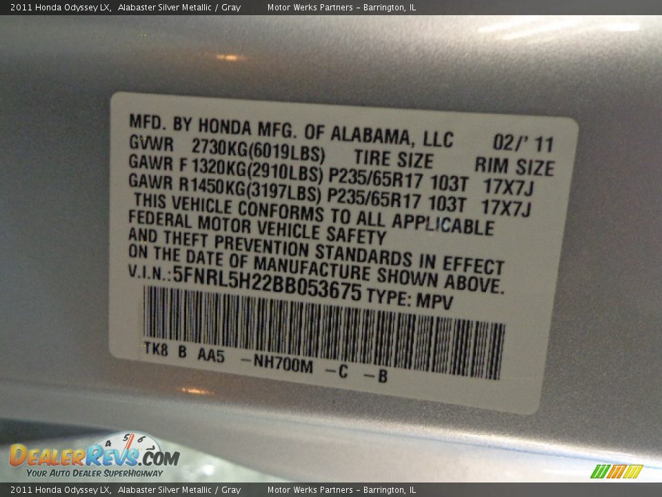 2011 Honda Odyssey LX Alabaster Silver Metallic / Gray Photo #19