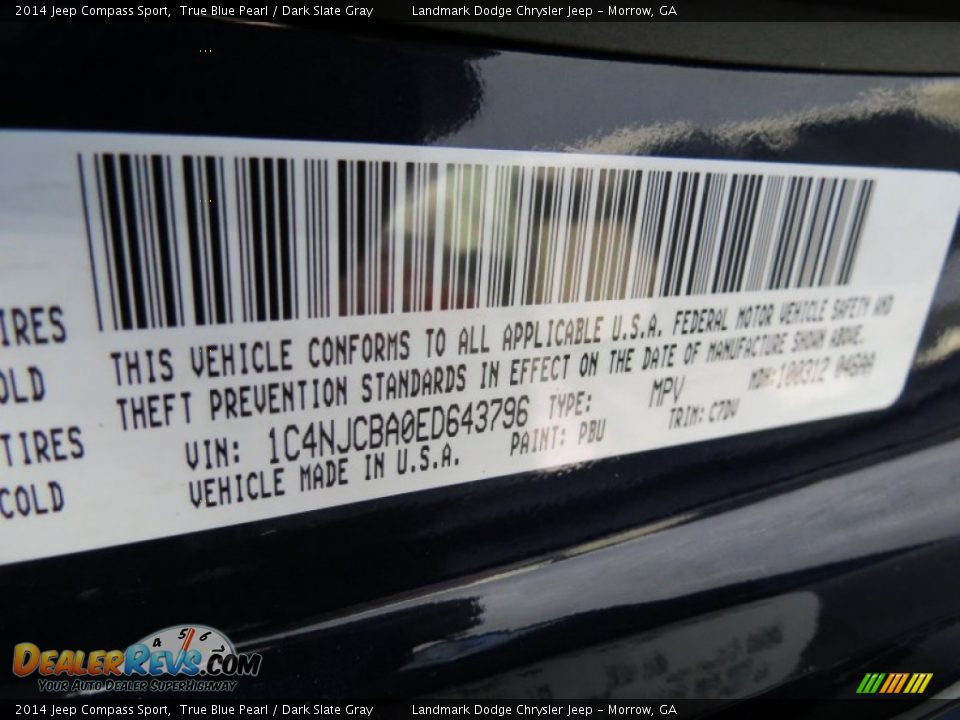 2014 Jeep Compass Sport True Blue Pearl / Dark Slate Gray Photo #10