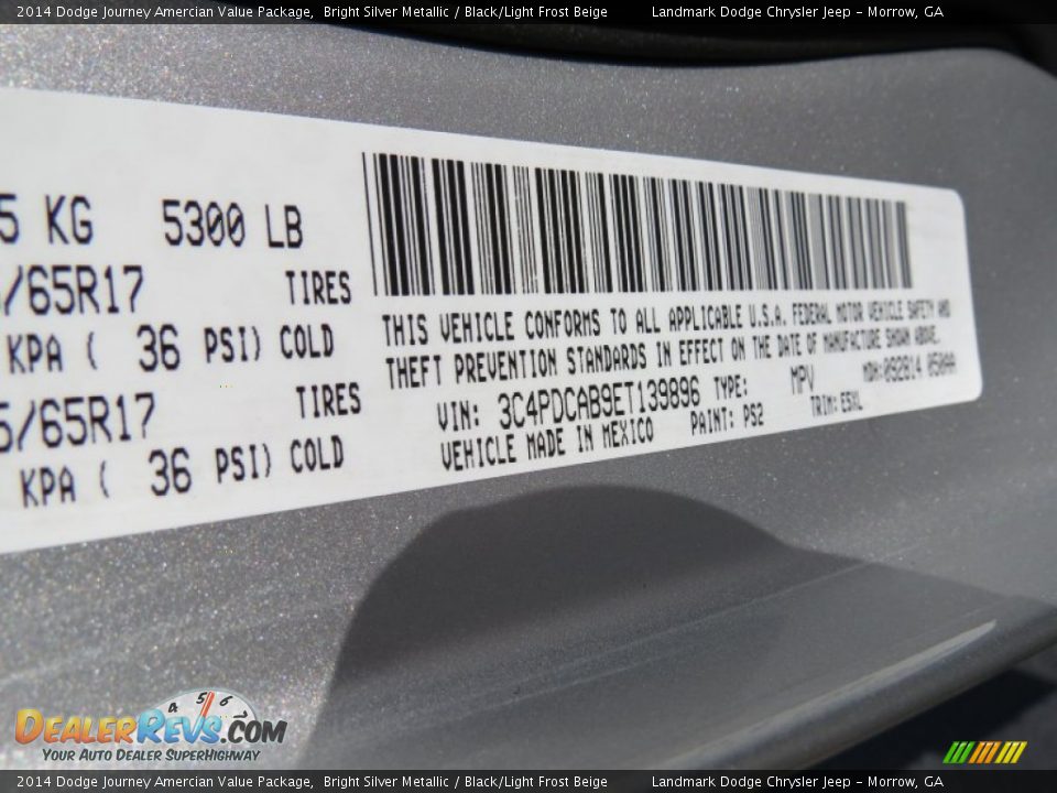 2014 Dodge Journey Amercian Value Package Bright Silver Metallic / Black/Light Frost Beige Photo #10