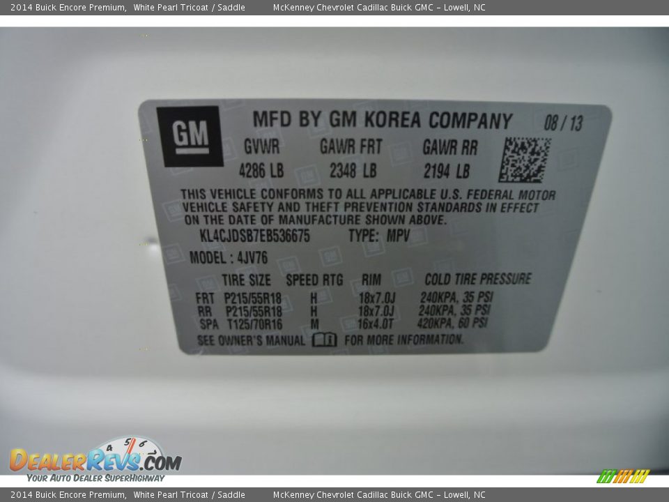 2014 Buick Encore Premium White Pearl Tricoat / Saddle Photo #7