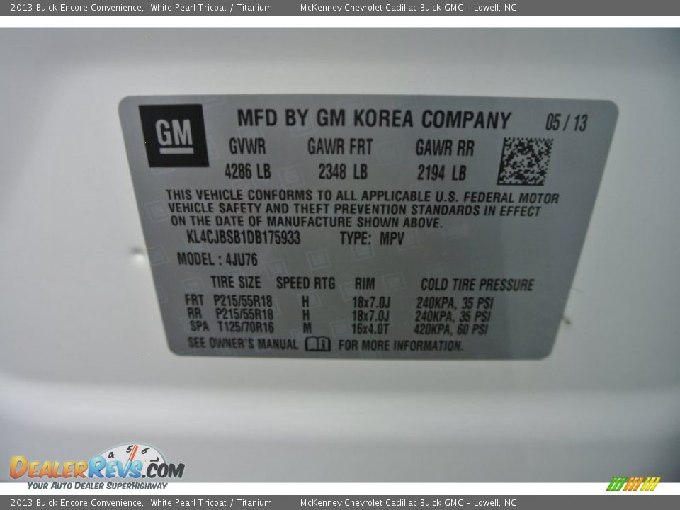 2013 Buick Encore Convenience White Pearl Tricoat / Titanium Photo #7