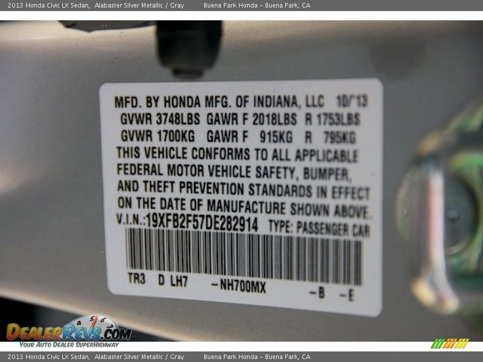 2013 Honda Civic LX Sedan Alabaster Silver Metallic / Gray Photo #17