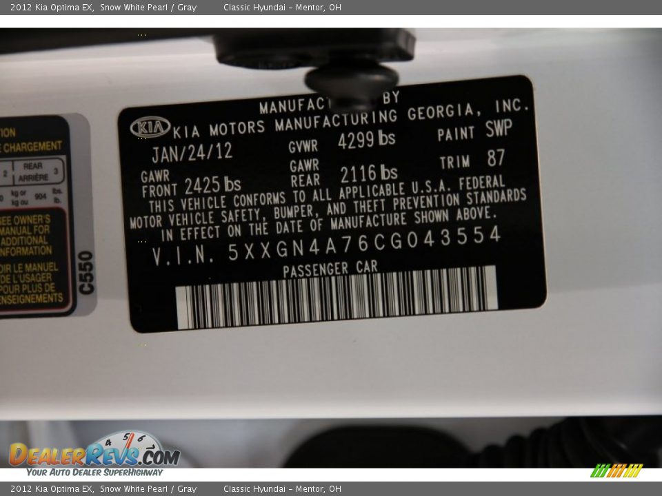 2012 Kia Optima EX Snow White Pearl / Gray Photo #29