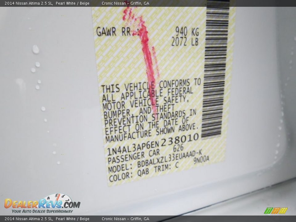 2014 Nissan Altima 2.5 SL Pearl White / Beige Photo #18