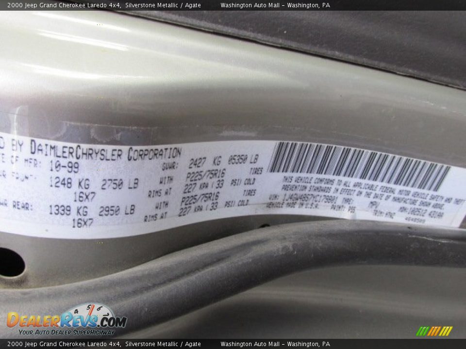 2000 Jeep Grand Cherokee Laredo 4x4 Silverstone Metallic / Agate Photo #29