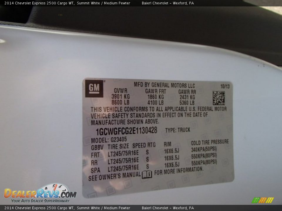 2014 Chevrolet Express 2500 Cargo WT Summit White / Medium Pewter Photo #20