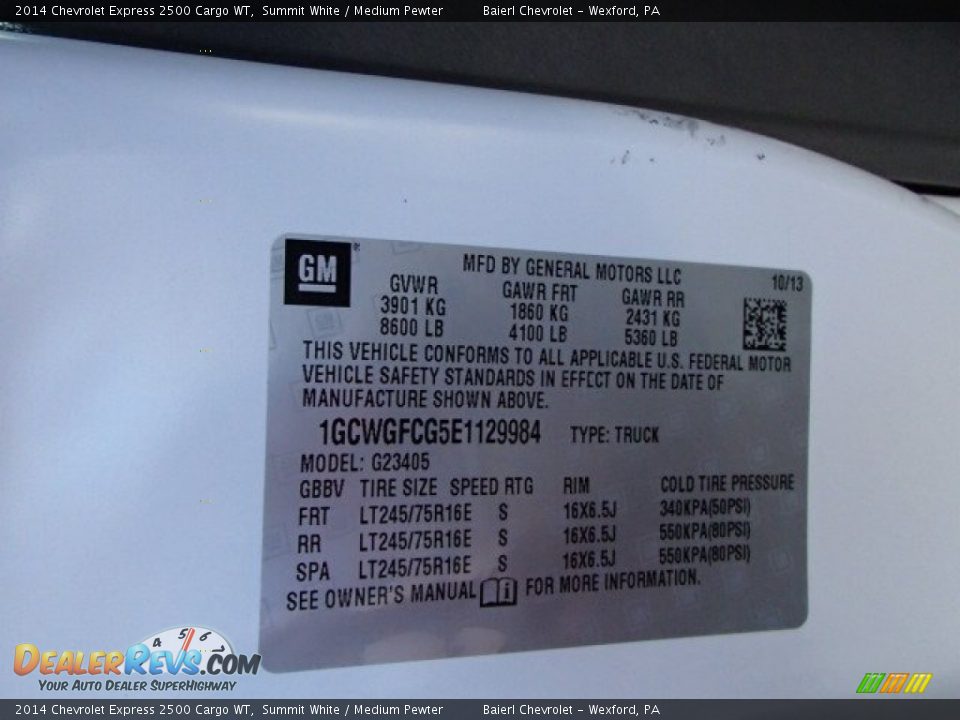 2014 Chevrolet Express 2500 Cargo WT Summit White / Medium Pewter Photo #20