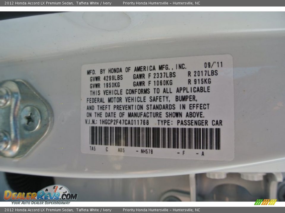 2012 Honda Accord LX Premium Sedan Taffeta White / Ivory Photo #7