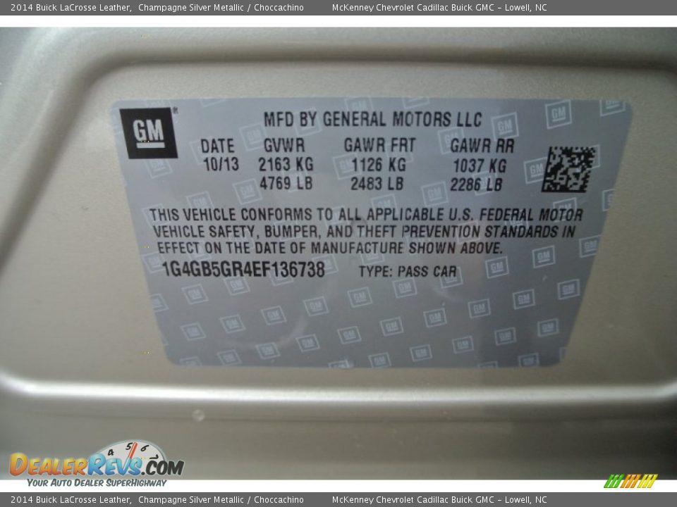 2014 Buick LaCrosse Leather Champagne Silver Metallic / Choccachino Photo #7