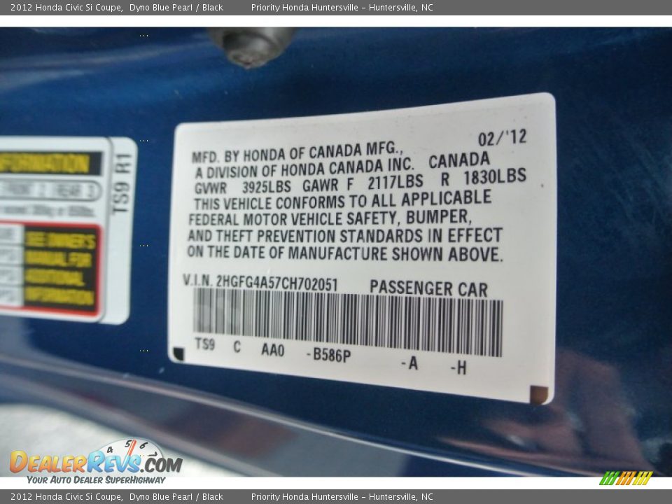 2012 Honda Civic Si Coupe Dyno Blue Pearl / Black Photo #7