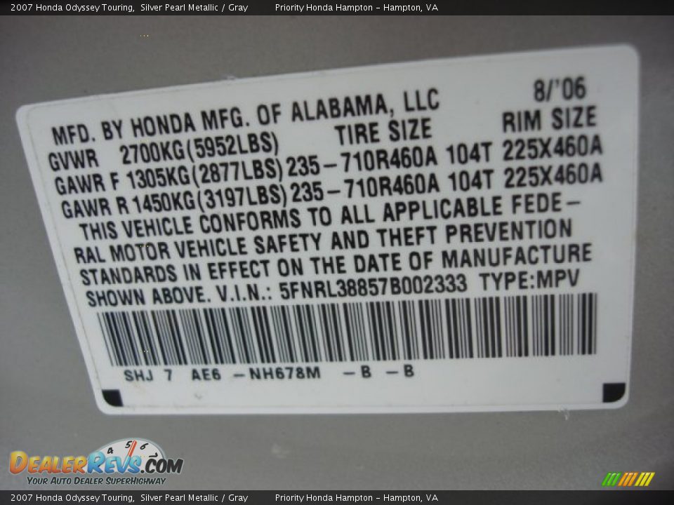 2007 Honda Odyssey Touring Silver Pearl Metallic / Gray Photo #32