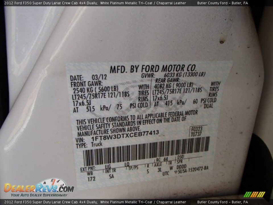 2012 Ford F350 Super Duty Lariat Crew Cab 4x4 Dually White Platinum Metallic Tri-Coat / Chaparral Leather Photo #20