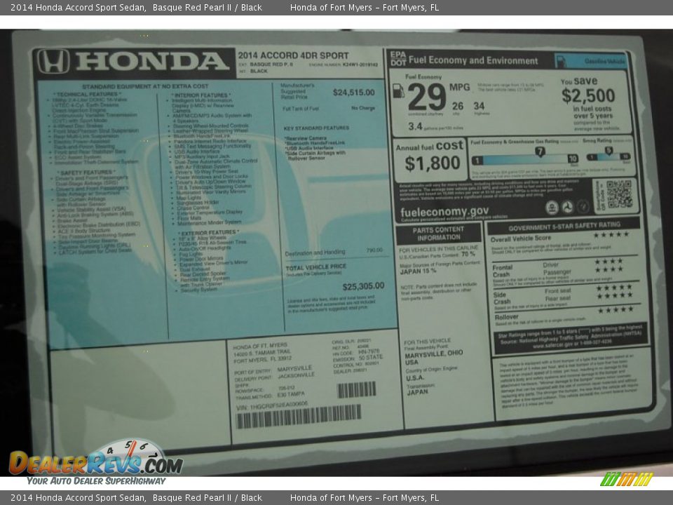 2014 Honda Accord Sport Sedan Basque Red Pearl II / Black Photo #6