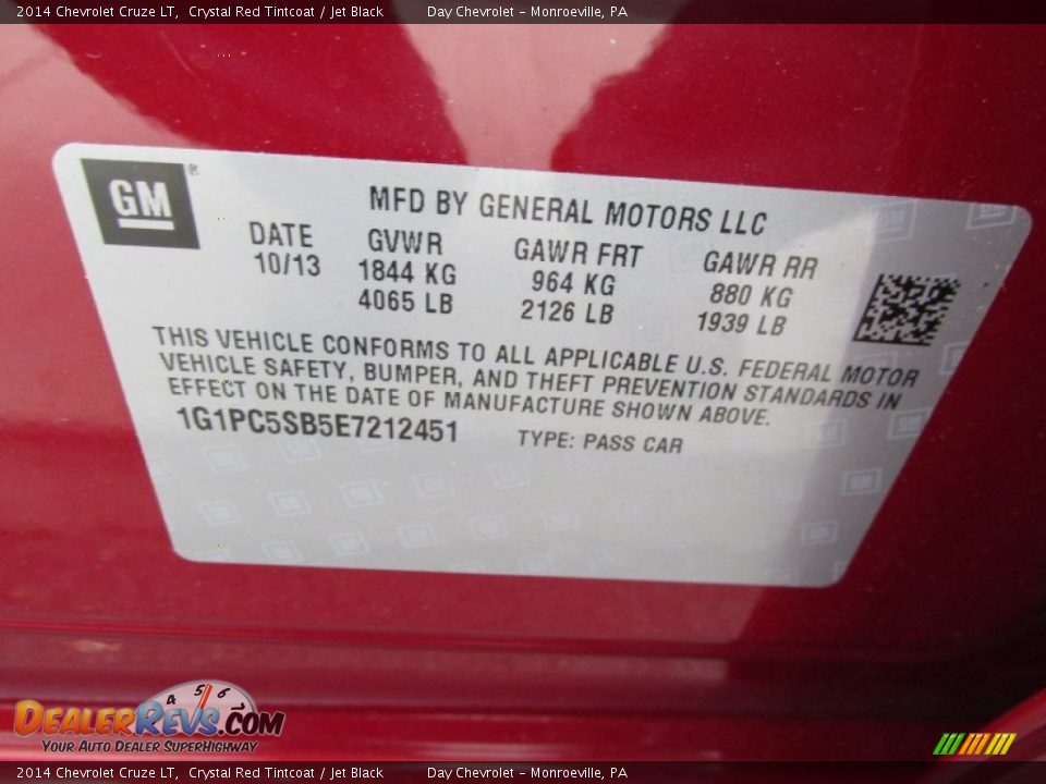 2014 Chevrolet Cruze LT Crystal Red Tintcoat / Jet Black Photo #19