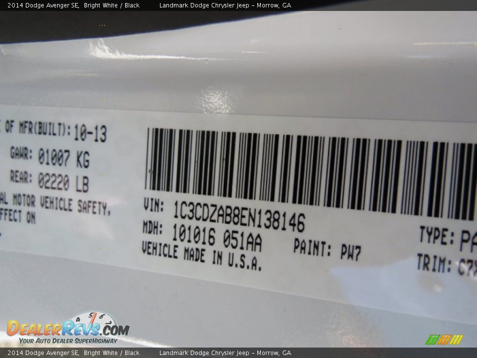 2014 Dodge Avenger SE Bright White / Black Photo #10