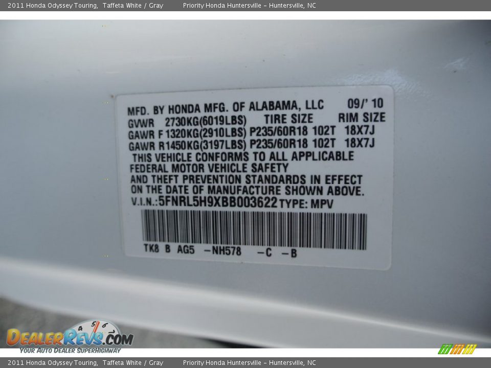 2011 Honda Odyssey Touring Taffeta White / Gray Photo #7