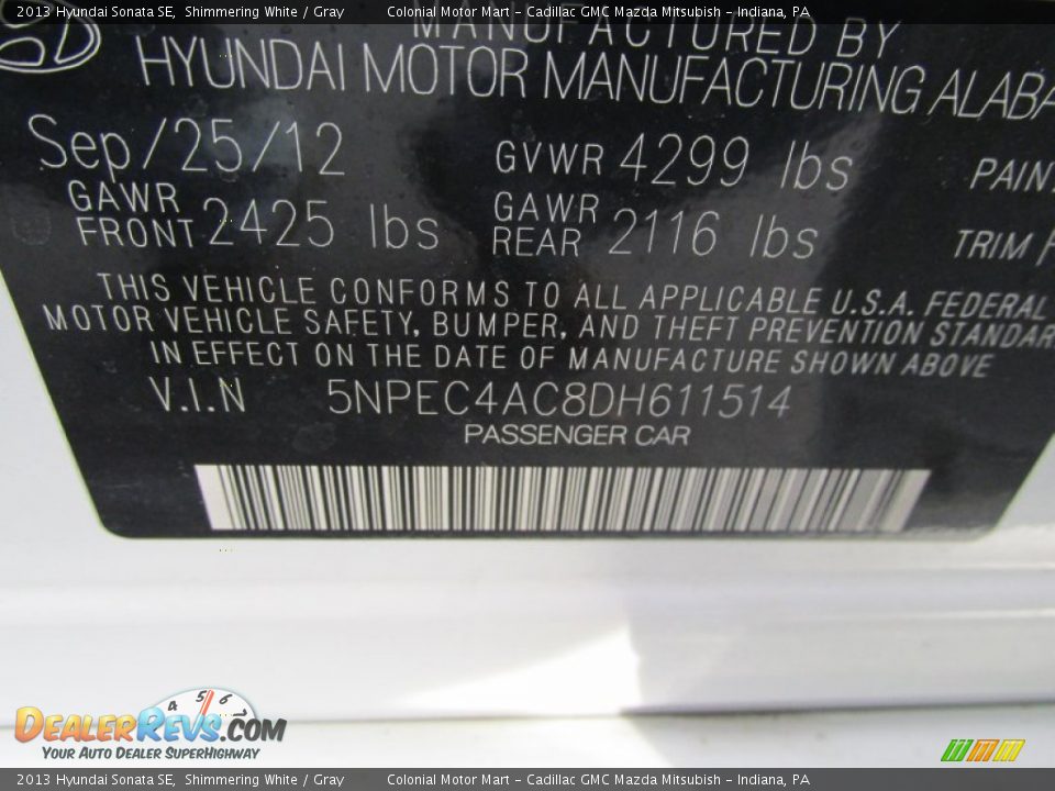 2013 Hyundai Sonata SE Shimmering White / Gray Photo #19