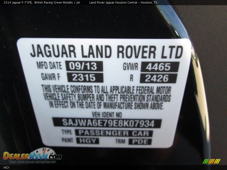 Jaguar Color Code HGY British Racing Green Metallic