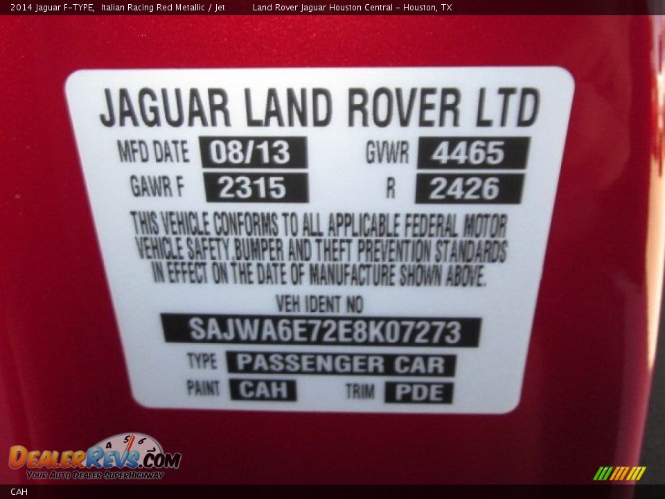 Jaguar Color Code CAH Italian Racing Red Metallic