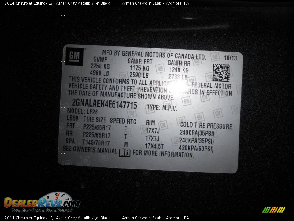 2014 Chevrolet Equinox LS Ashen Gray Metallic / Jet Black Photo #14